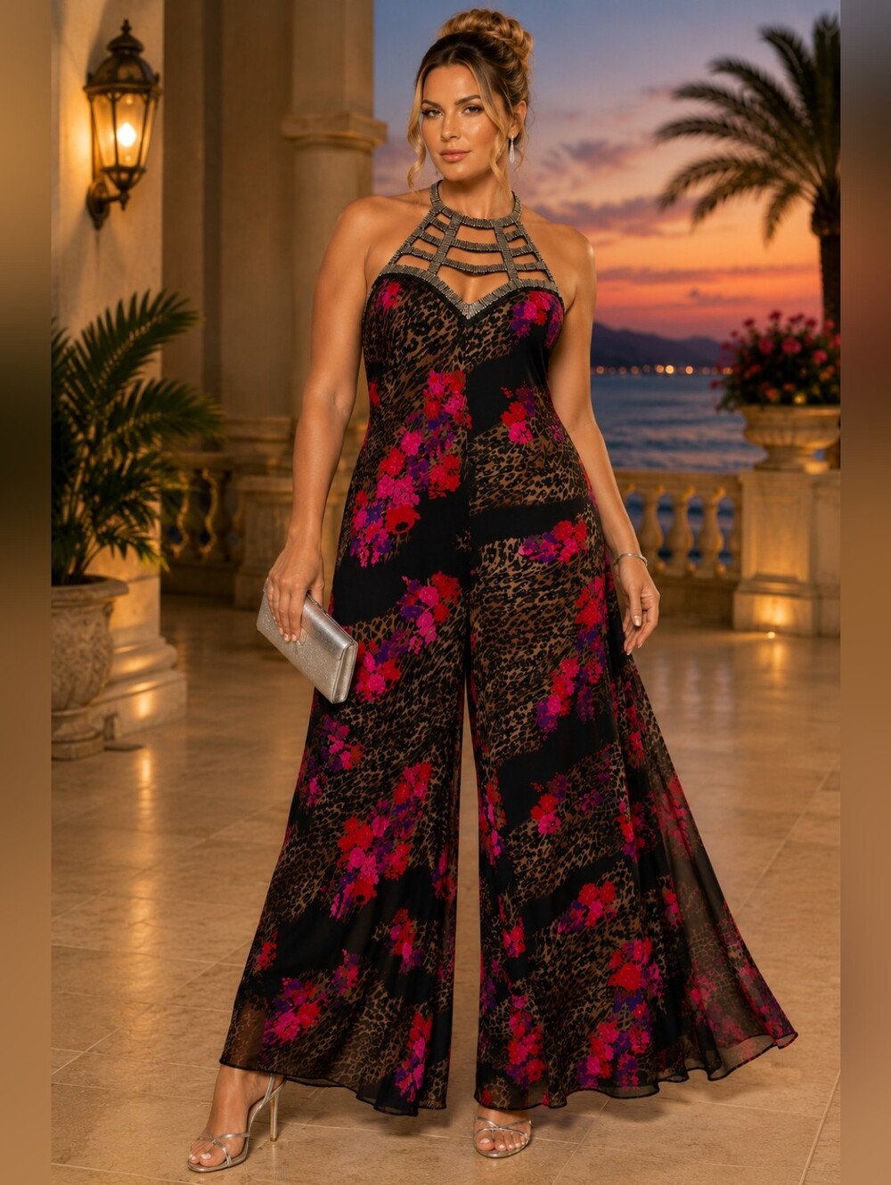 VENUS Beaded Halter Backless Wide Leg Floral Leopard Chiffon Jumpsuit XL Elegant